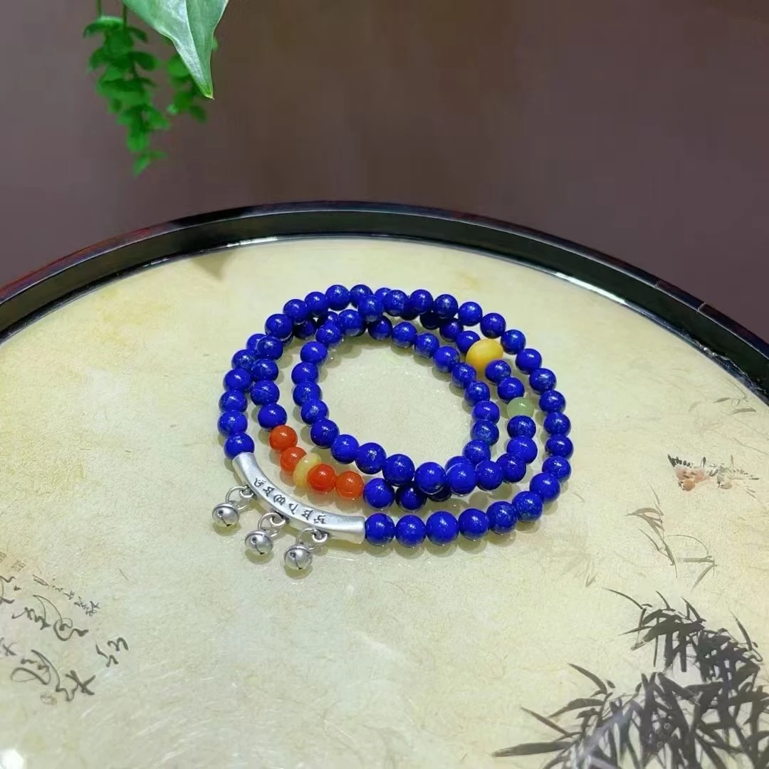 【涵钰臻选】蓝色天然青金石手链6.6mm蜜蜡南红等配件