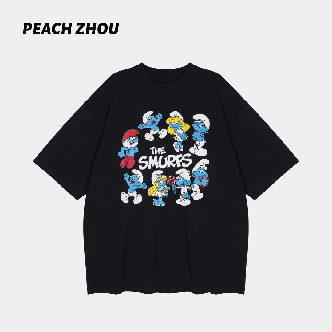 『PEACHZHOU』蓝精灵卡通印花宽松圆领阔版短袖韩式休闲减龄中性T恤
