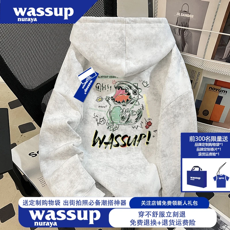 WASSUP NURAYA重磅500G男士秋冬恐龙卫衣美式加绒潮牌连帽外套女