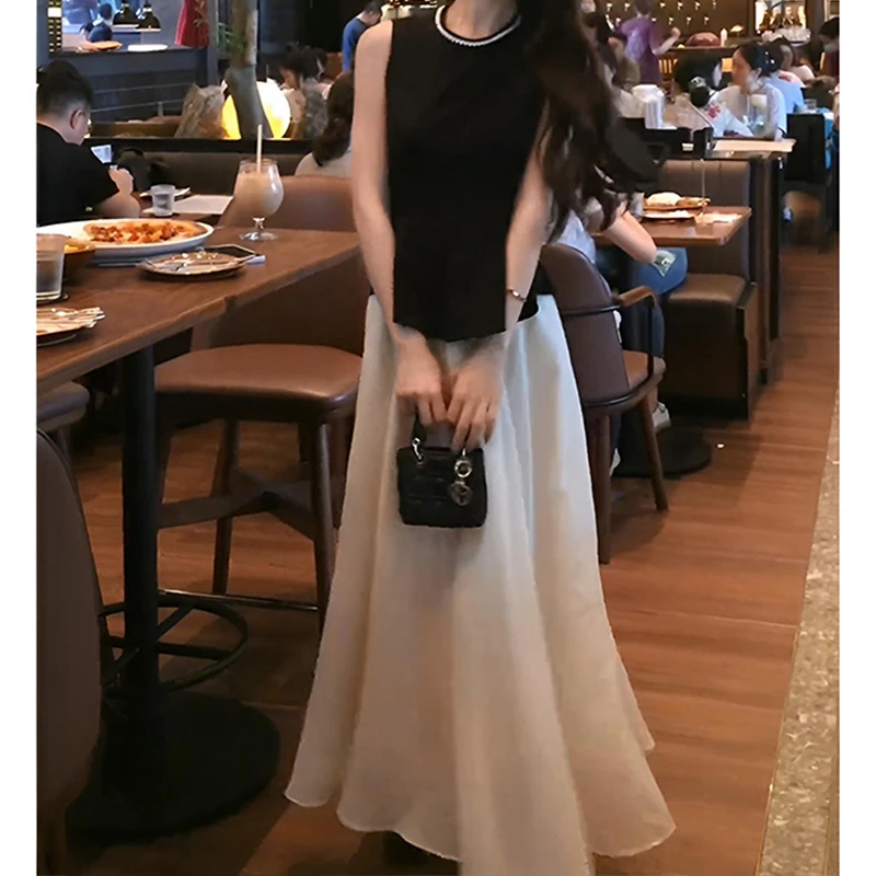 法式小众套装女2025夏季新款重工钉珠无袖上衣高腰半身裙两件套女