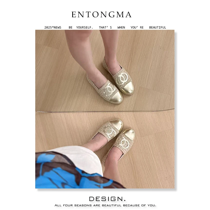 ENMA小香风一脚蹬镂空女鞋平底方头单鞋低跟懒人鞋皮鞋圆头渔夫鞋