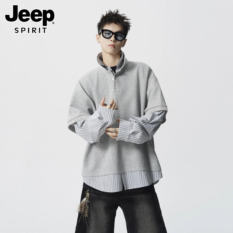 JEEPSPIRIT学院风条纹拼接假两件卫衣女男秋复古高级感宽松POLO