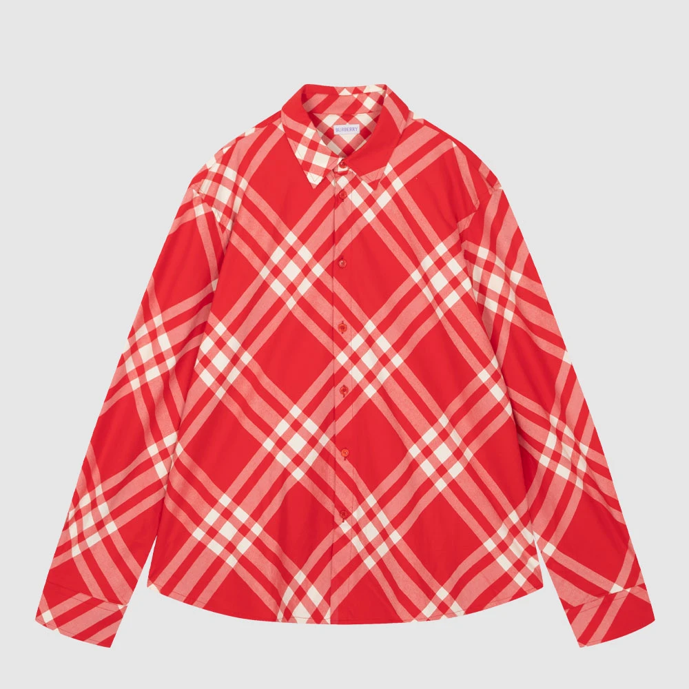 BURBERRY博柏利新品简约格纹翻领男系扣休闲长袖衬衫衬衣8081382