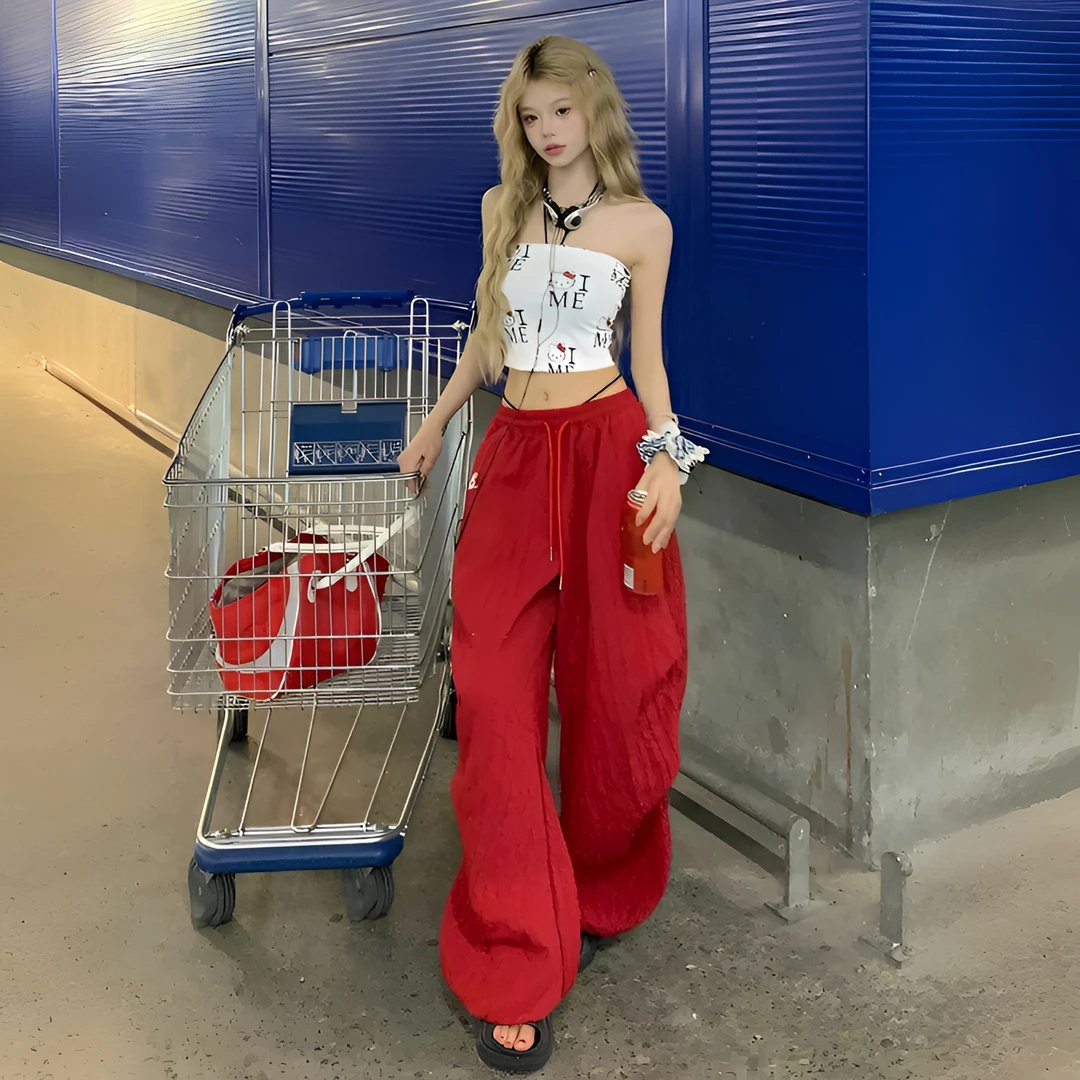 美式复古红色休闲裤女2025夏季薄款速干运动裤高腰直筒宽松阔腿裤