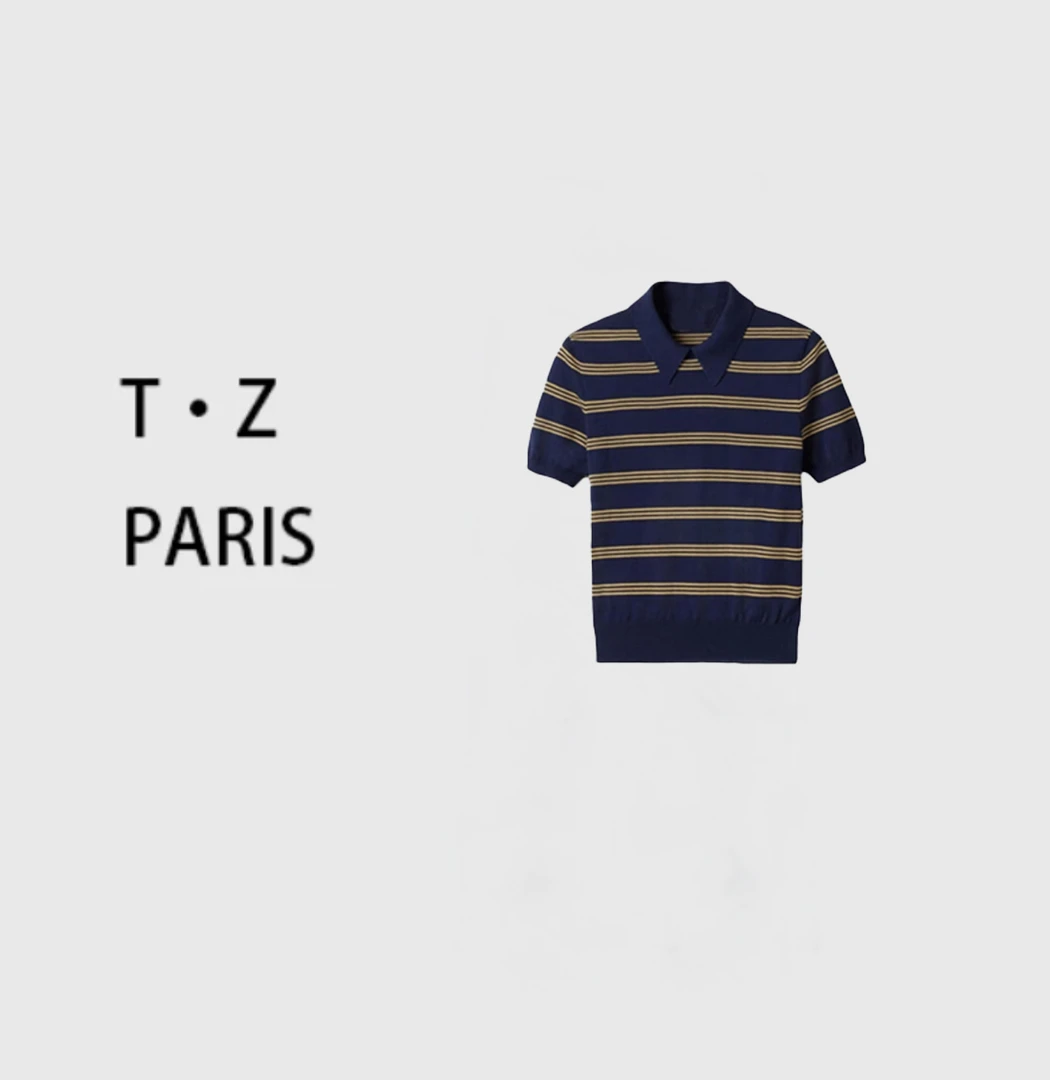 T·Z*-2025春季新款条纹POLO领套头针织短袖-5419