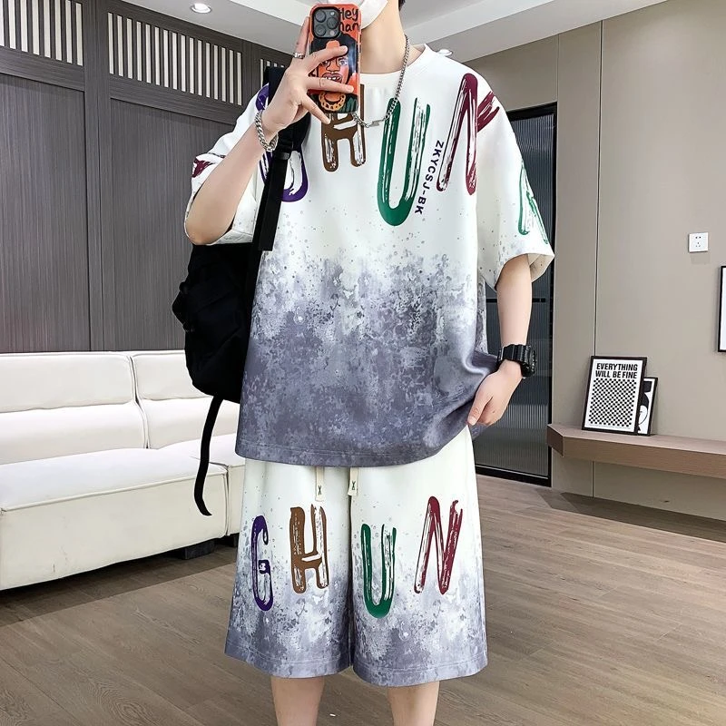 高街休闲套装男生潮流扎染短袖t恤短裤两件套夏季酷帅运动一整套