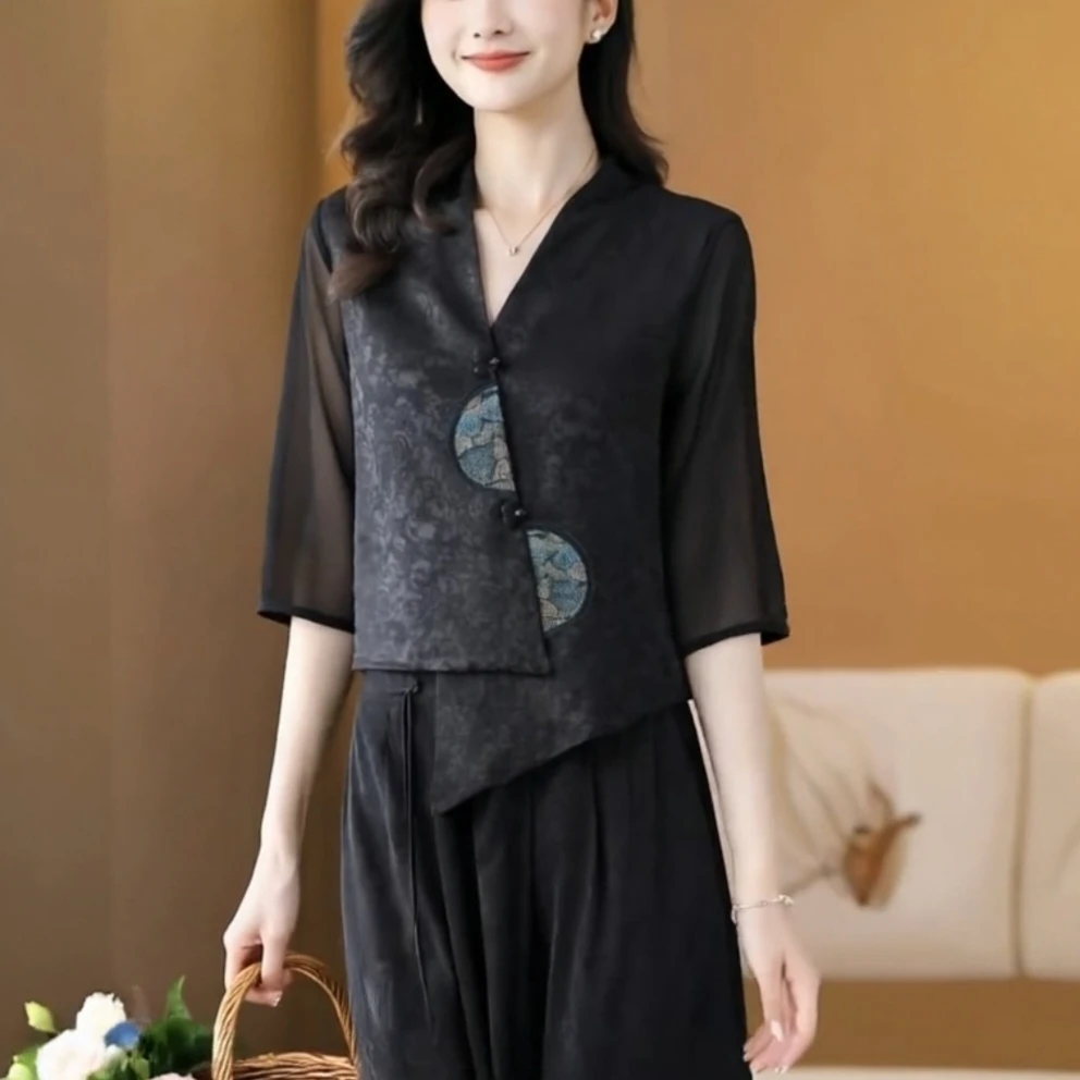 夏装复古刺绣洋气减龄上衣提花不规则盘扣设计感中国风开衫七分袖