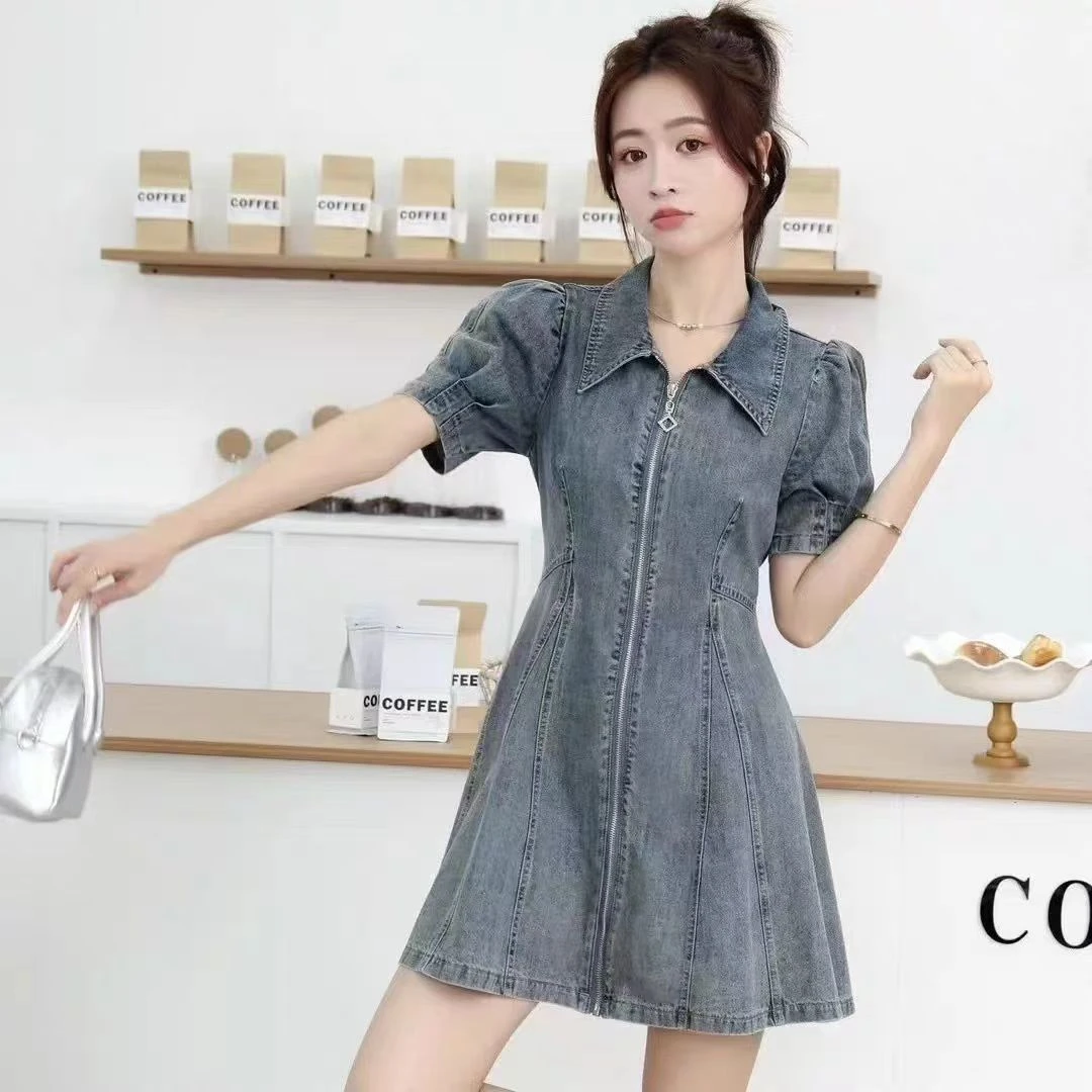 2025年夏季法式短袖牛仔拉链连衣裙女装复古显瘦A字裙子