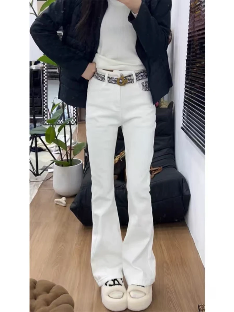 白色微喇牛仔裤女春季新款弹力修身显瘦马蹄裤直筒喇叭裤