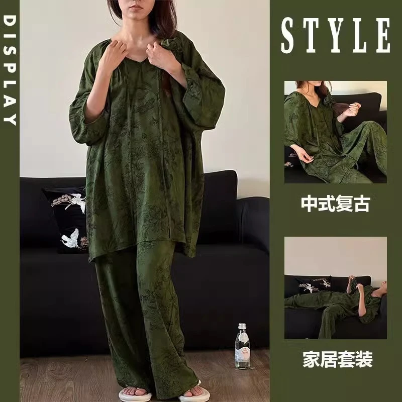 睡衣女春夏长袖长裤宽松版网红舒适时尚可外穿家居服女士套装春秋