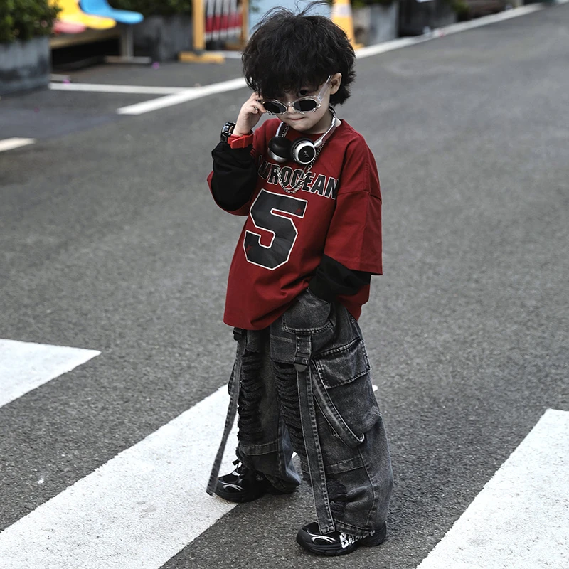 男童潮酷假两件长袖T恤2025春季新款中小童炸街帅气儿童休闲上衣
