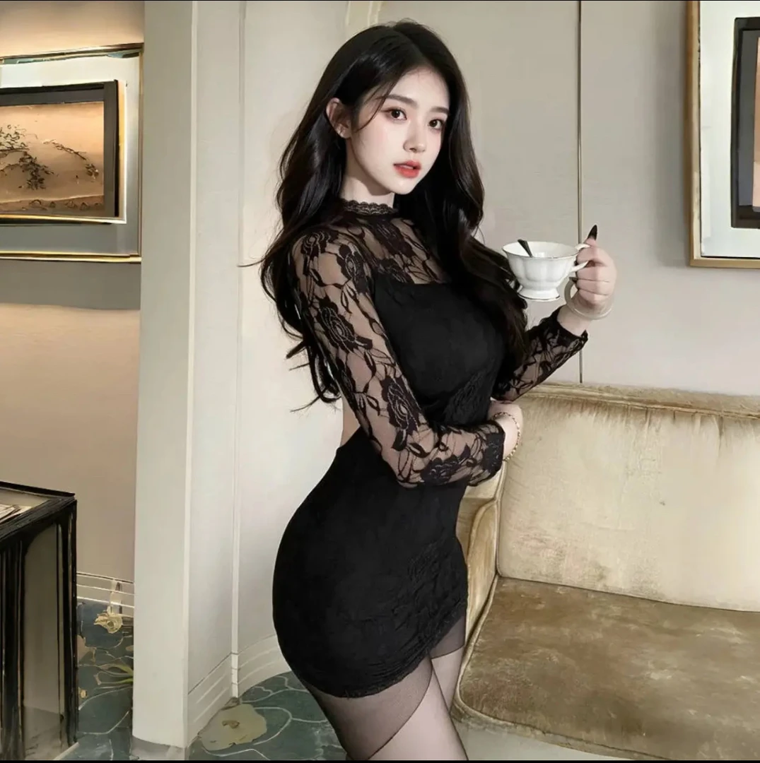 性感蕾丝镂空御姐风夜店包臀裙修身显瘦纯欲风包臀连衣裙女睡裙+