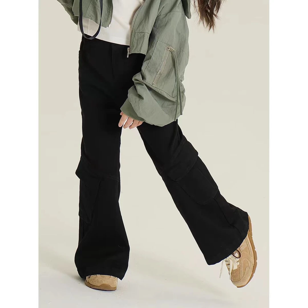 女童2025春季新款时尚潮流长裤中大童简约洋气工装口袋黑色喇叭裤