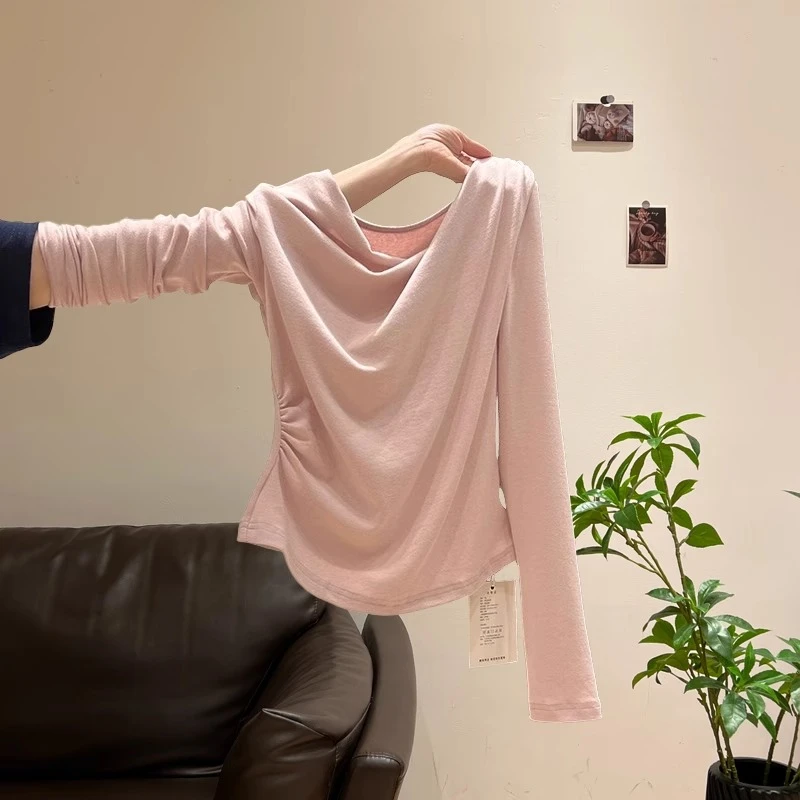 法式一字肩荡领长袖T恤女2025春夏季收腰露肩温柔风粉色修身上衣