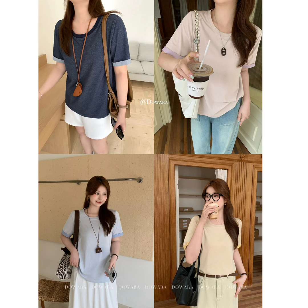 现货大婉酱微胖定制欧若风设计感【撞色t恤】多色百搭显瘦上衣6934D