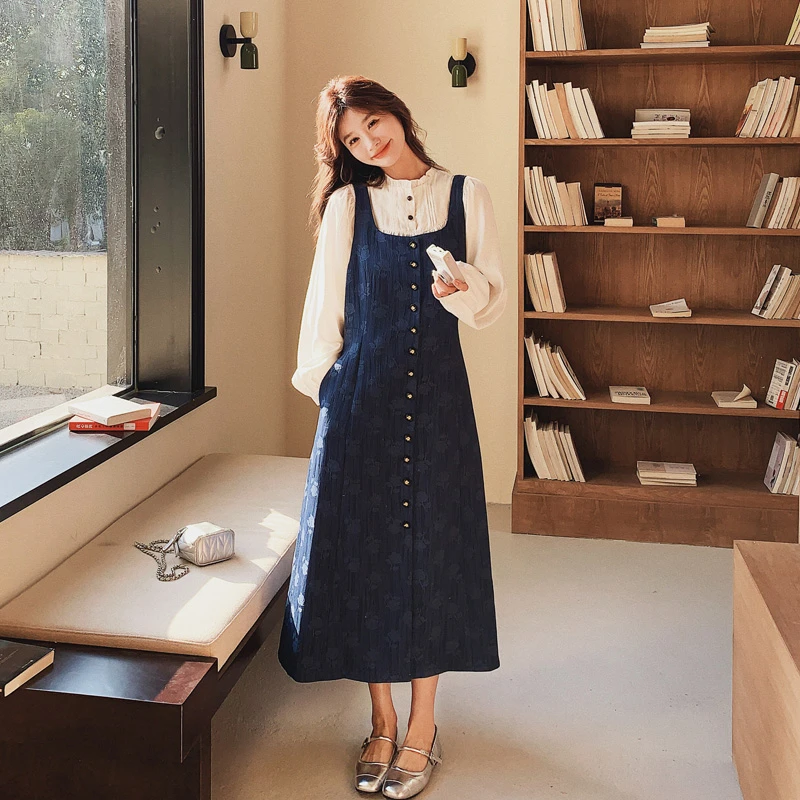 复古风提花背带裙衬衫2025春秋新款小众韩系ins风显瘦百搭套装裙