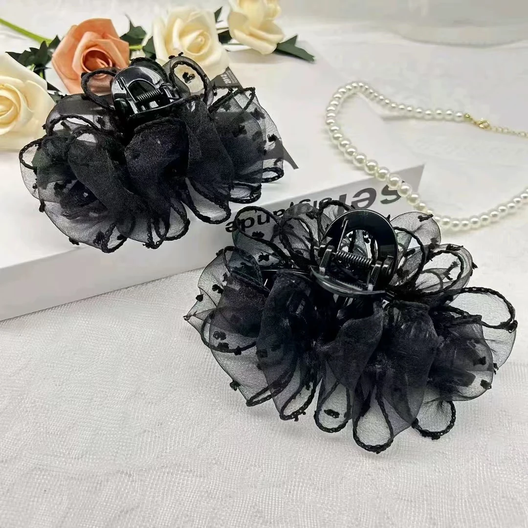 黑天鹅绒点网纱手工秋季泡泡抓夹发夹气质复古韩版时尚甜美发卡