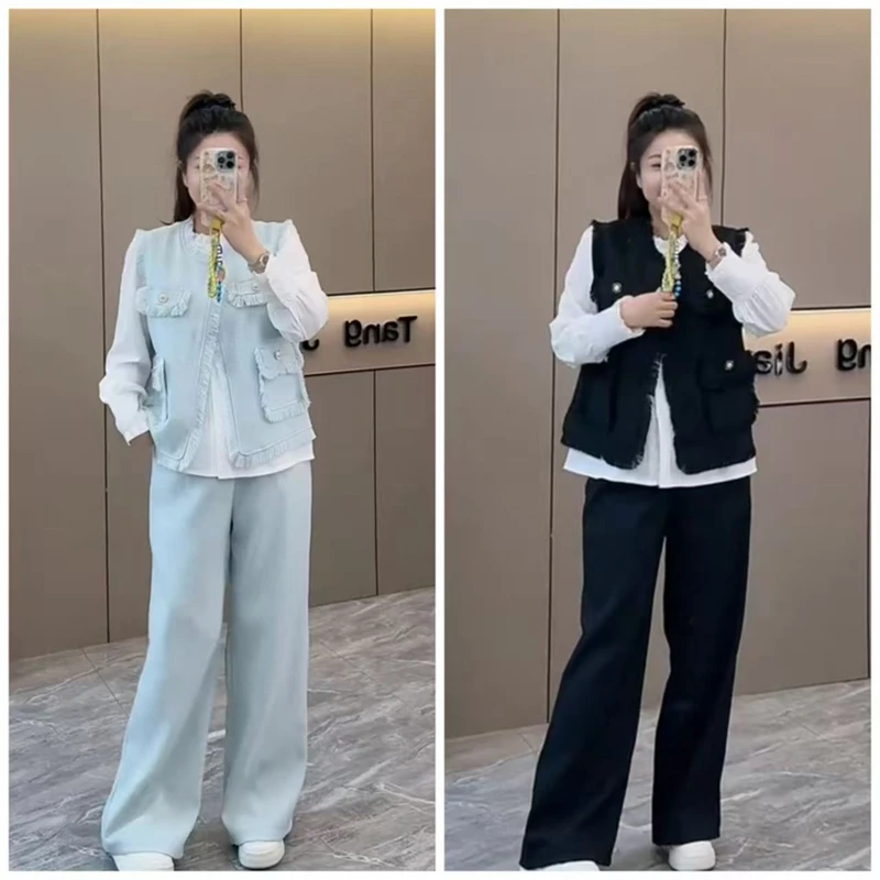 胖mm大码2025春季时尚休闲显瘦毛边流苏小香风马甲衬衫裤子三件套