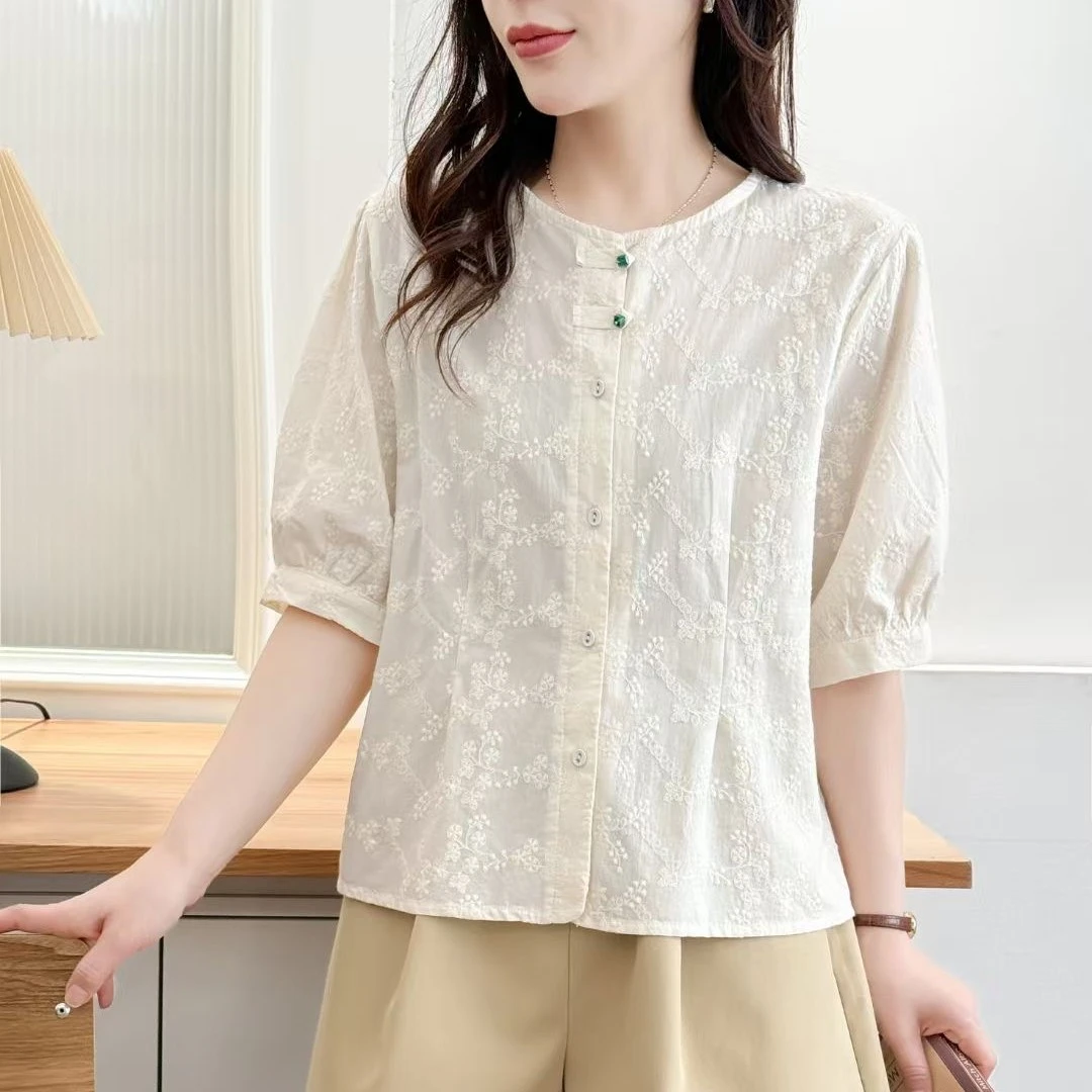 季念100%棉大码女装刺绣短袖白衬衫女夏季新款胖MM时尚洋气上衣女