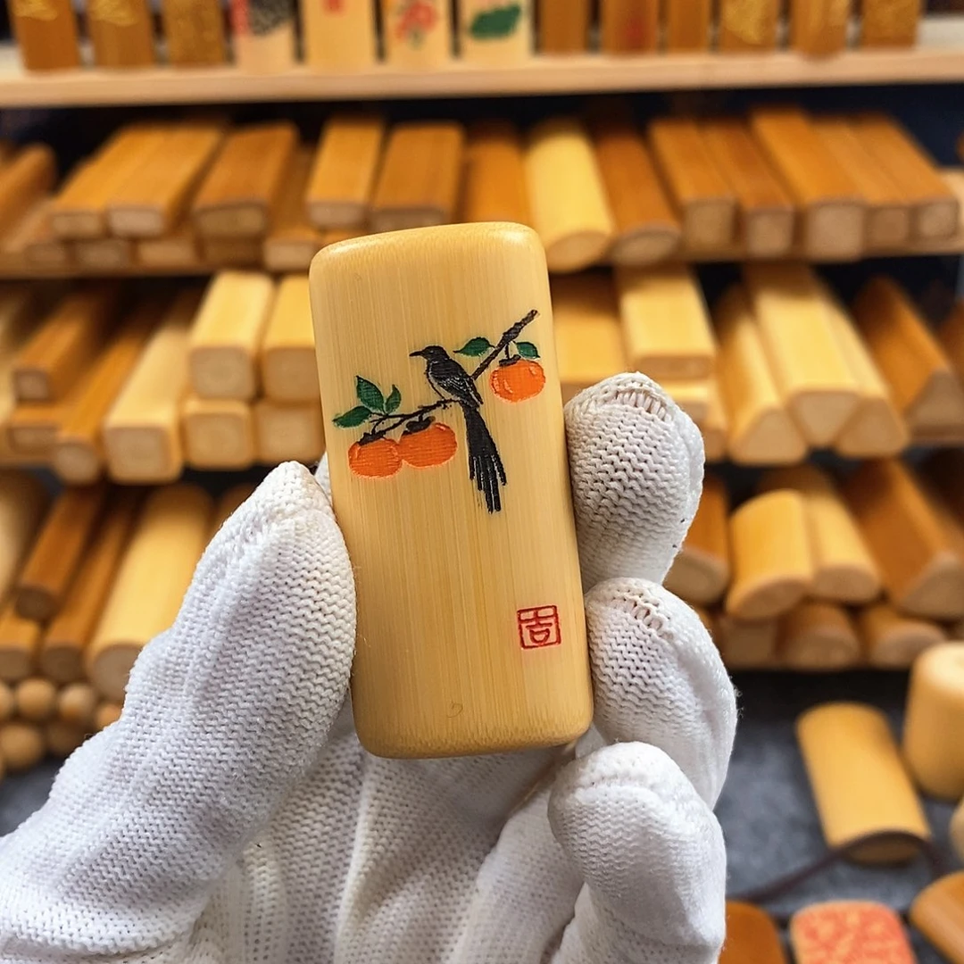 竹实心竹椭扁雕刻喜鹊