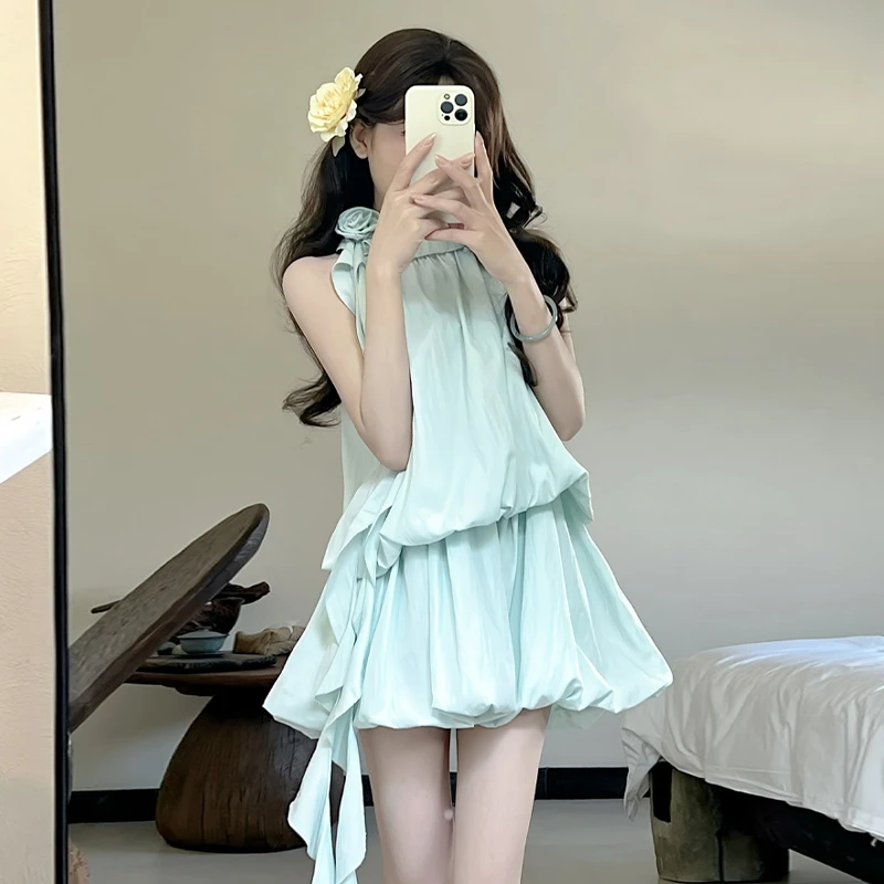 2025新款蓝绿色挂脖连衣裙子女夏季气质绝美蓬蓬花苞短裙两件套装