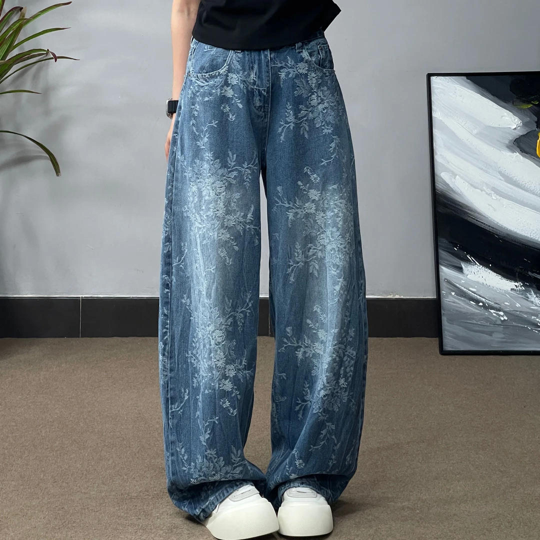 70376夏季重工提花阔腿牛仔裤休闲时尚百搭高街复古大码水洗宽松.