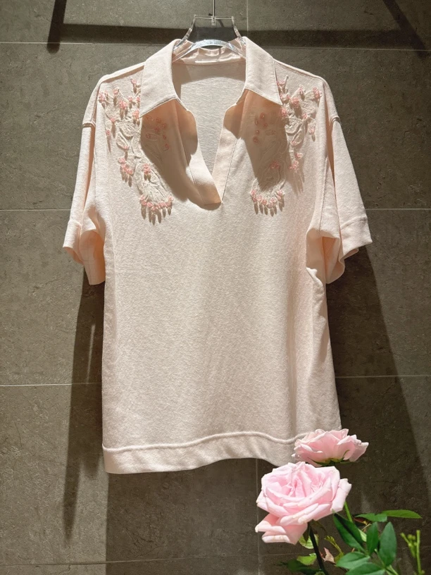 【且听艺吟】25年夏季新款超高级纯手工钉珠立领T恤镶钻纯棉短袖