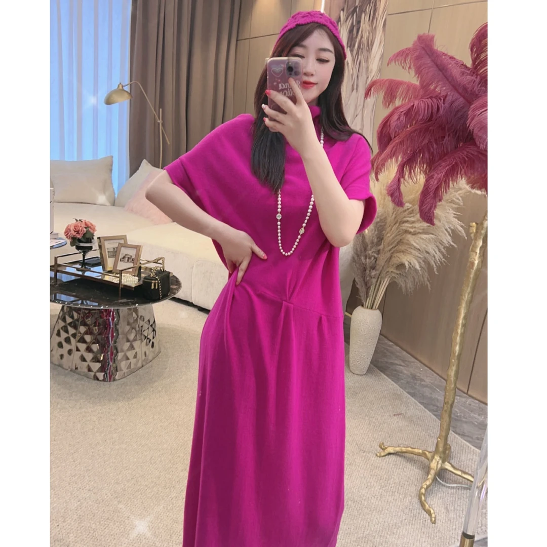 【独宠轻奢女装】秋冬款高定系列纯色蝙蝠袖长款时尚高领连衣裙