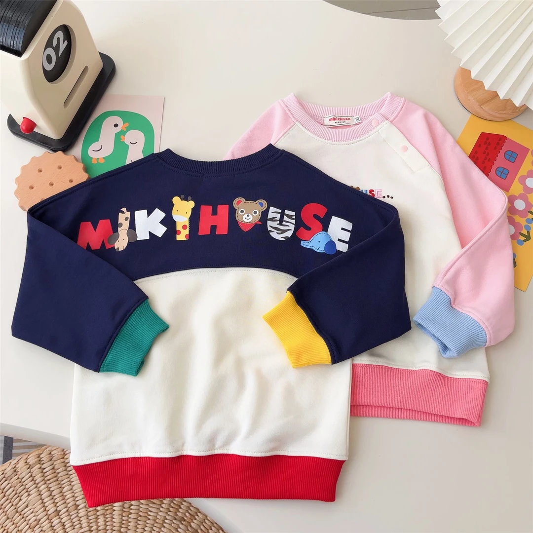 现货日系25春新儿童装男女长袖拼色彩色字母卡通宽松休闲卫衣6099