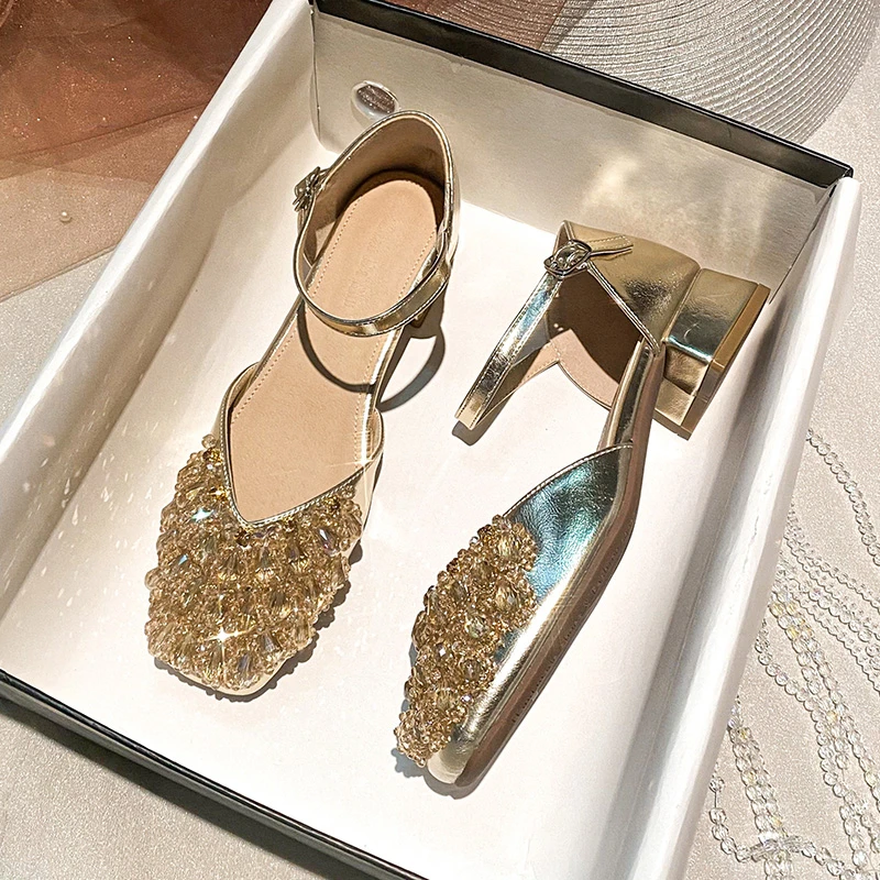 【钻梦银河】方头水钻气质百搭舒适浅口粗跟单鞋女060-K5