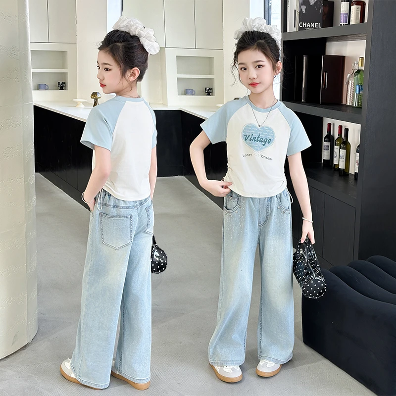 女童套装夏装短袖拼色抽绳上衣3-15岁休闲女大童薄牛仔裤子两件套