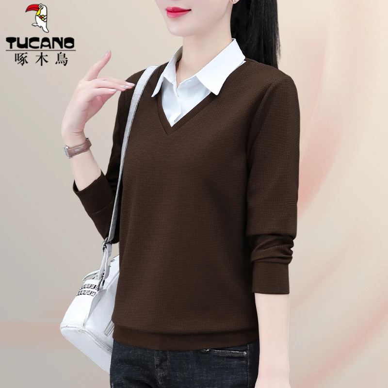 啄木鸟衬衫领卫衣女新款春款女装妈妈时尚洋气拼接假两件上衣