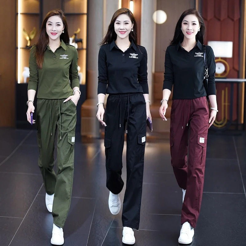 2025休闲运动套装工装服春秋秋季大码松紧腰长裤长袖显瘦休闲修身