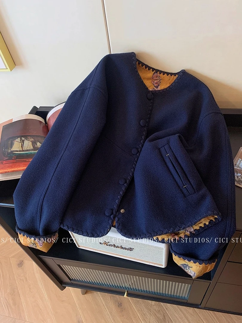 复古藏青色国风提花毛呢外套女2025秋冬新款新中式两面穿短上衣