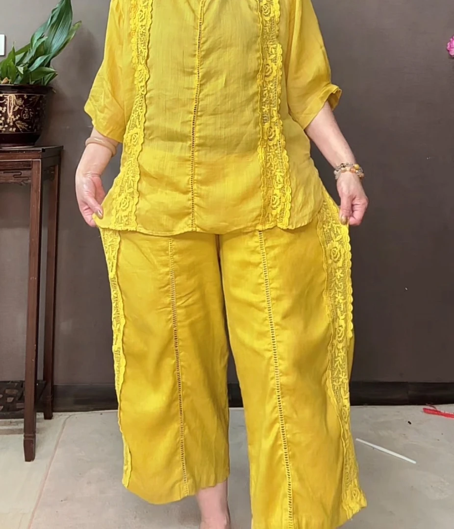 三姐家夏季温婉风蕾丝麻料直筒八分裤