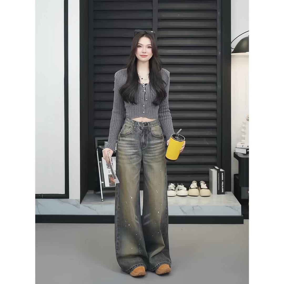 【TO&HR.GIRL】TFC031Y-黄黑色复古美式街头脏染废土风阔腿牛仔裤