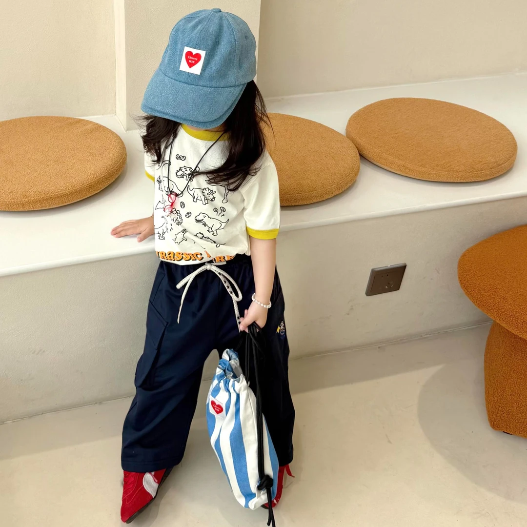 女童2025夏季新款韩版休闲百搭甜酷风卡通恐龙短袖T恤工装裤套装