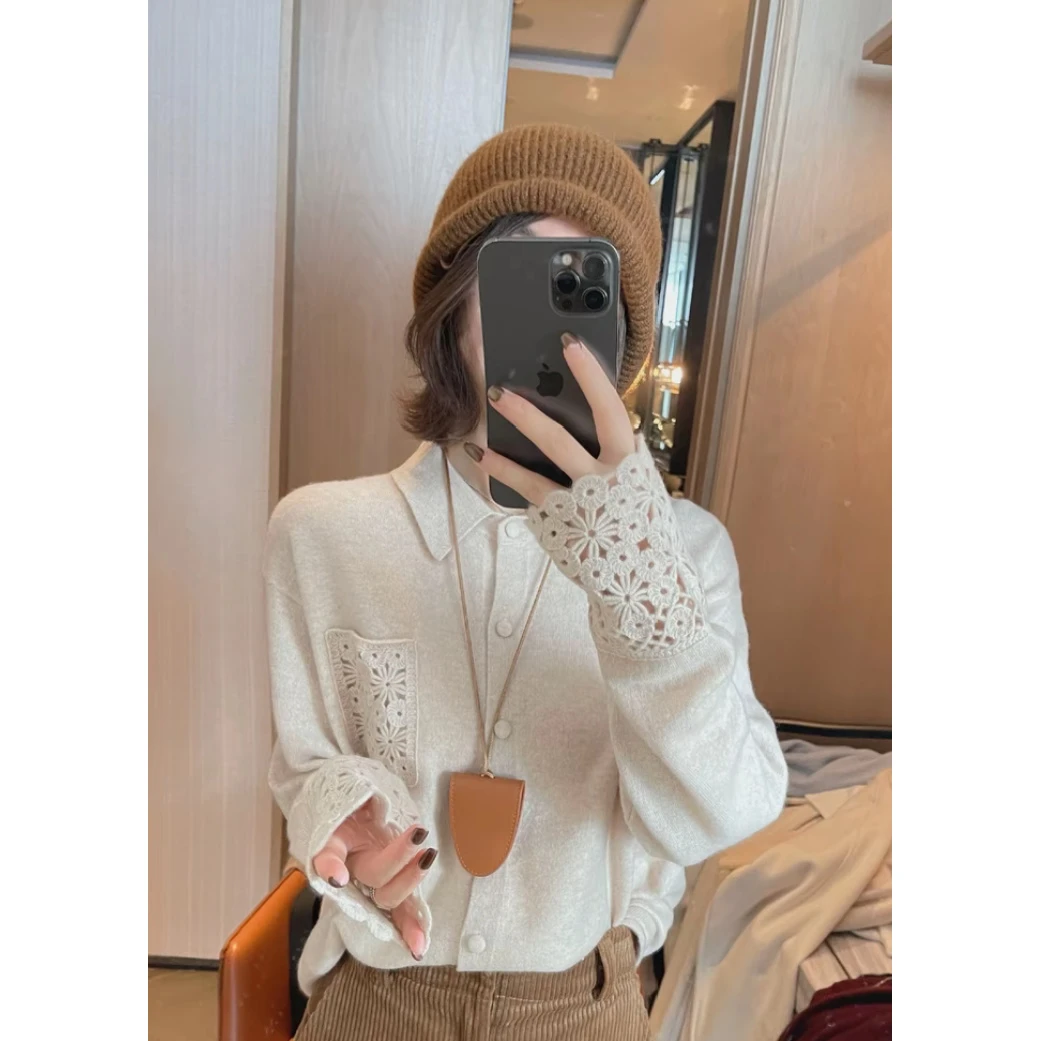 减龄气质感钩花针织衬衫Polo长袖时尚秋冬百搭复古设计感