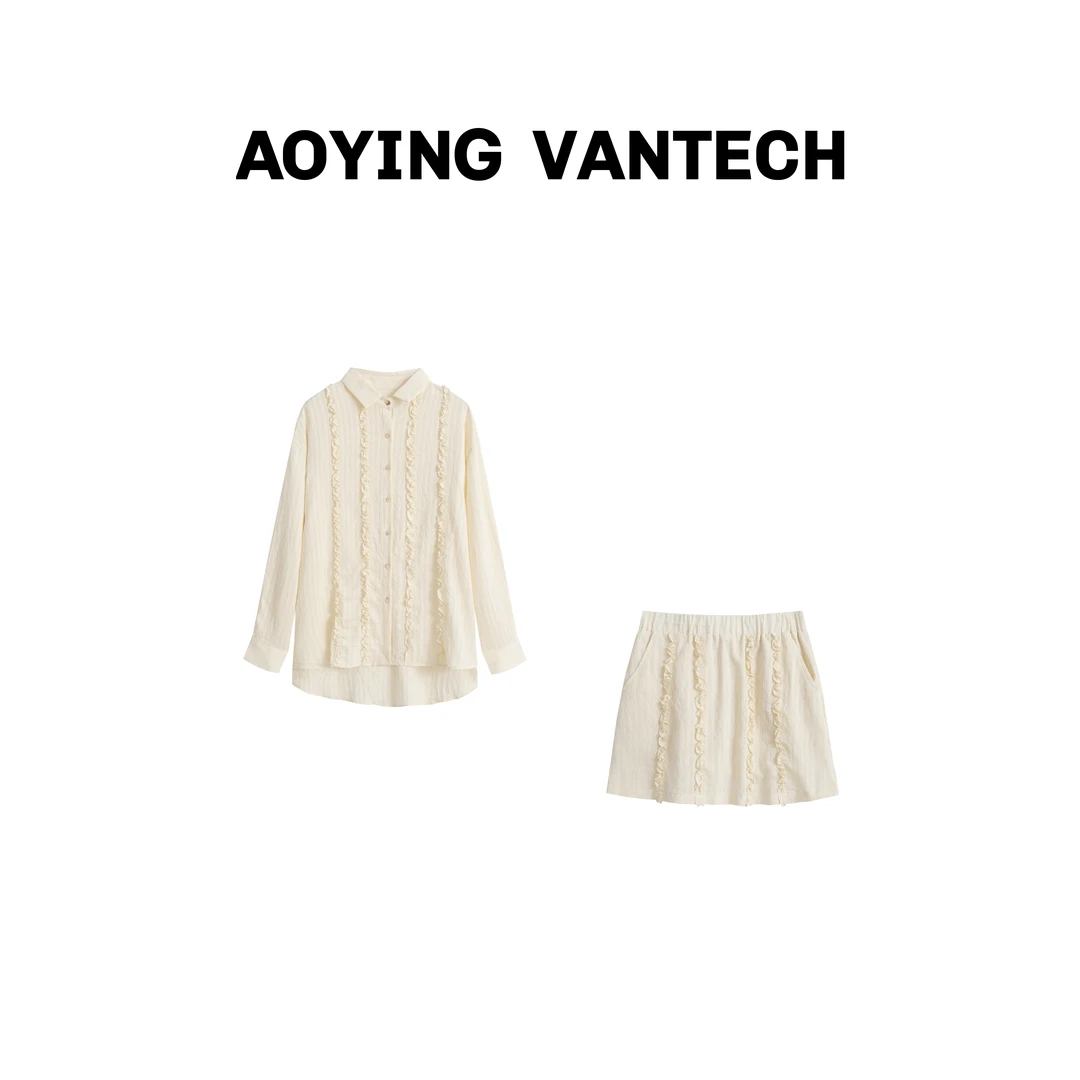 AOYING VANTECH【普罗塞克】长袖花边衬衫+松紧腰A字褶皱短裙套装