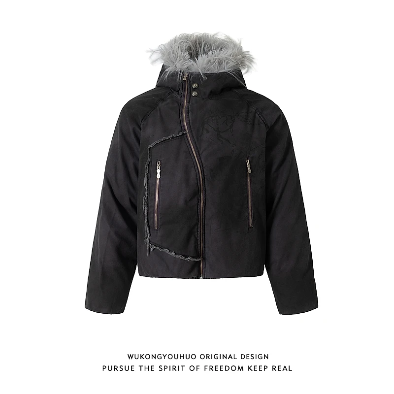 悟空有货美式高街S型拉链毛领立领棉服男女冬季情侣保暖短款棉衣