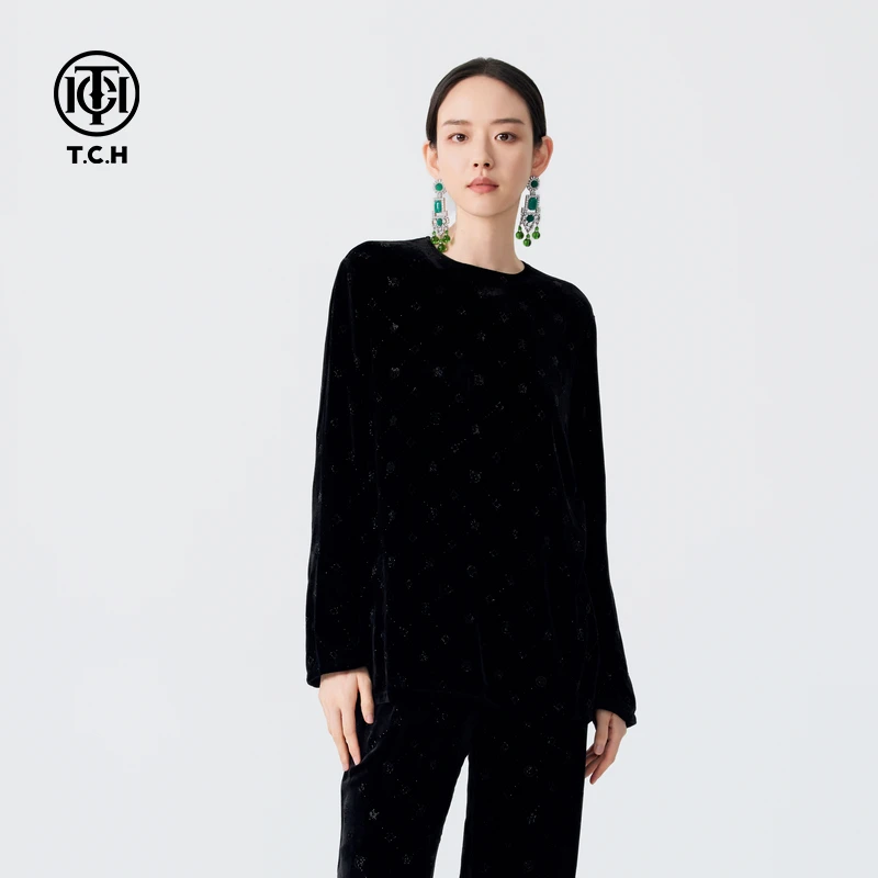 TCH轻奢烫钻工艺碎印花黑色圆领丝绒长袖T恤女T72C116081私服tch