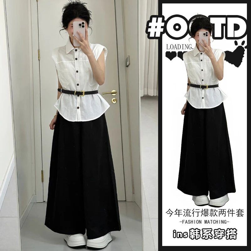 港风显瘦两件套装女2025夏季时尚减龄坎肩衬衫高腰遮胯休闲阔腿裤