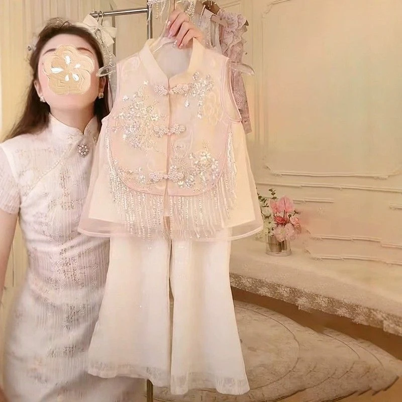 女童新中式无袖套装2025夏季新款汉服网红两件套古风蕾马甲中大童