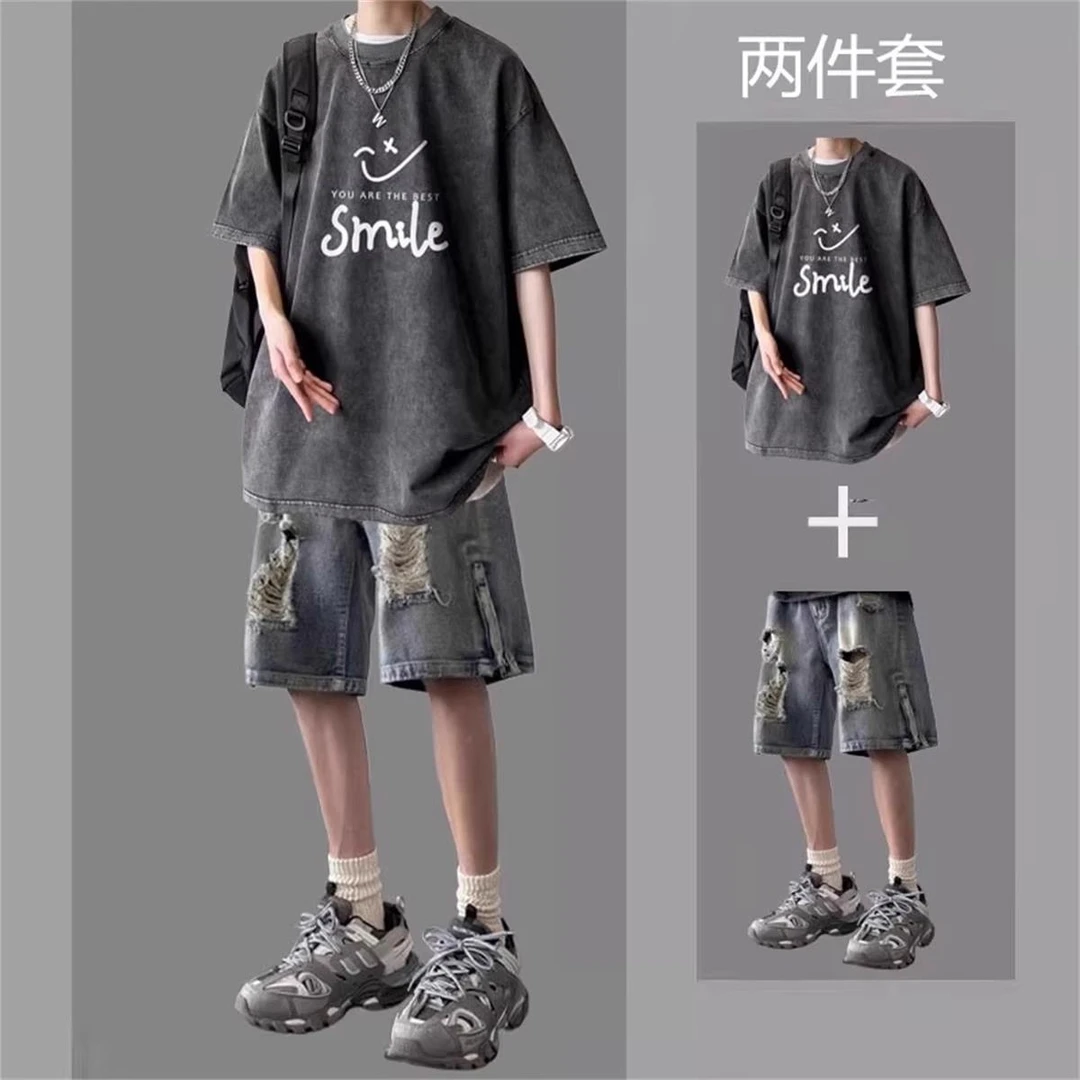 美式复古夏季新款短袖短裤男士套装韩版潮流炸街运动休闲学生痞帅