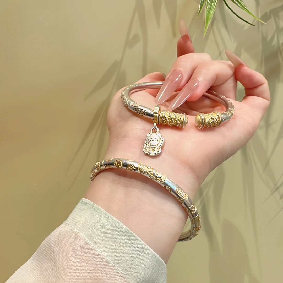 足银手镯 9999描金招财猫唐草纹吉言手镯女百搭纯银实心开口镯子