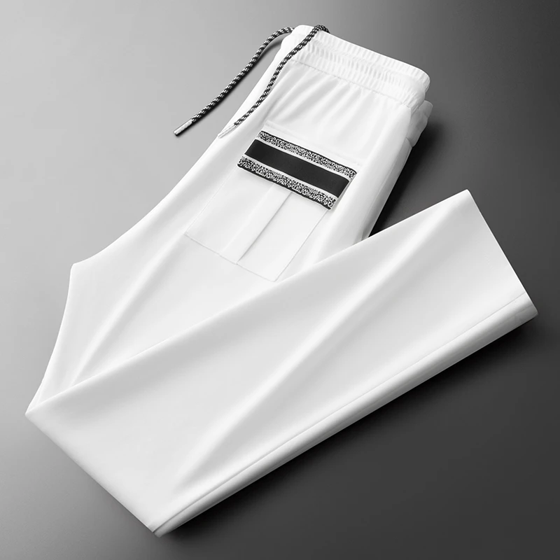 轻奢夏季时尚弹力冰丝垂感休闲裤男小脚直筒白色商务百搭男士长裤
