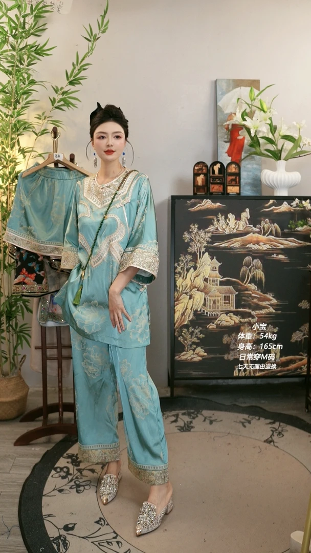 夏维莲2025夏季新款大码显瘦时尚绿色复古上衣绿色(1441+1442)