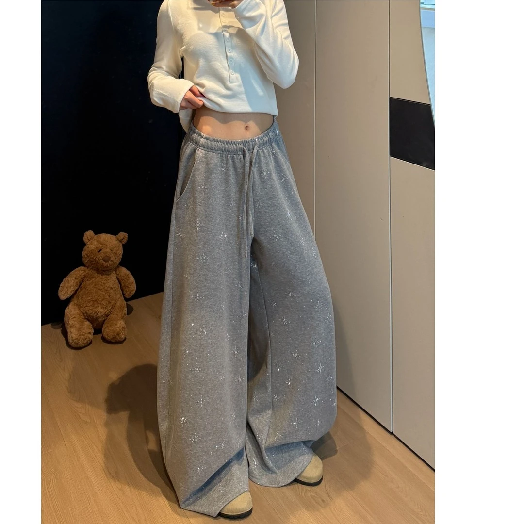 慵懒风浅灰亮片运动裤女早秋2026新款高腰宽松显瘦小个子阔腿卫裤商品图