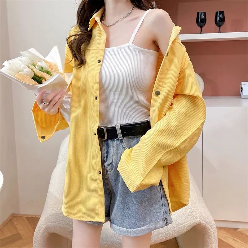 9523春秋灯芯绒衬衫女中长款宽松长袖设计感小众上衣