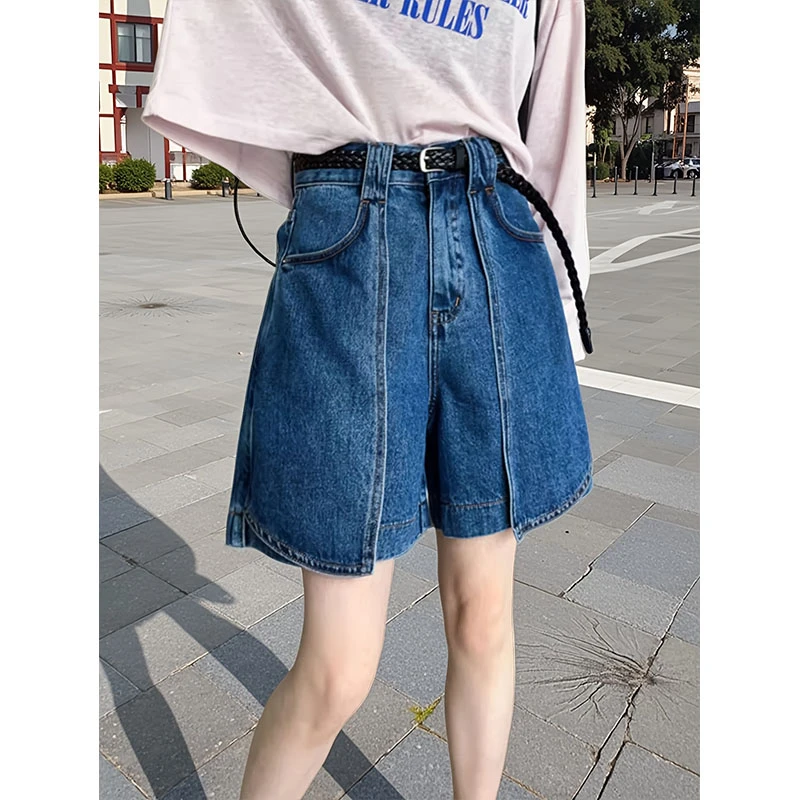 欧货时尚深蓝色设计感裁剪拼接牛仔阔腿短裤女高腰宽松休闲a字裤